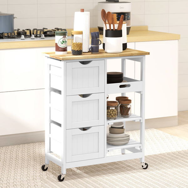 Chariot de cuisinesur roulettes avec plateau en bois, 3 tiroirs et étagères, blanc
