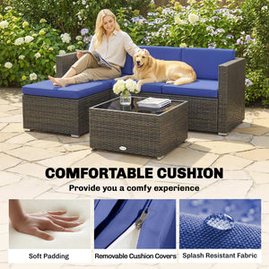 Ensemble de mobilier de patio 3 pièces avec coussins, en rotin PE tressé avec table basse en verre