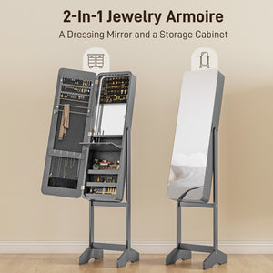 Armoire à bijoux sur pied avec miroir et LED à angle réglable, gris