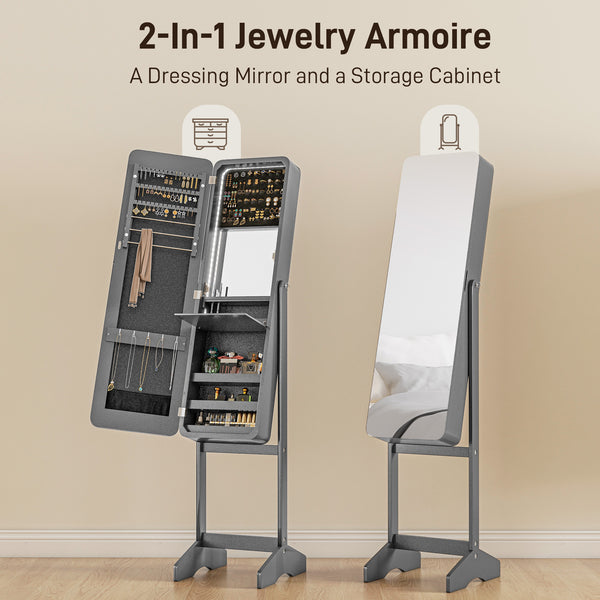 Armoire à bijoux sur pied avec miroir et LED à angle réglable, gris