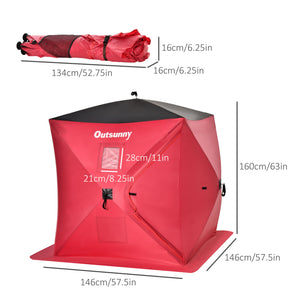 Ice fishing shelter for 2 people, foldable and with carrying bag, red.