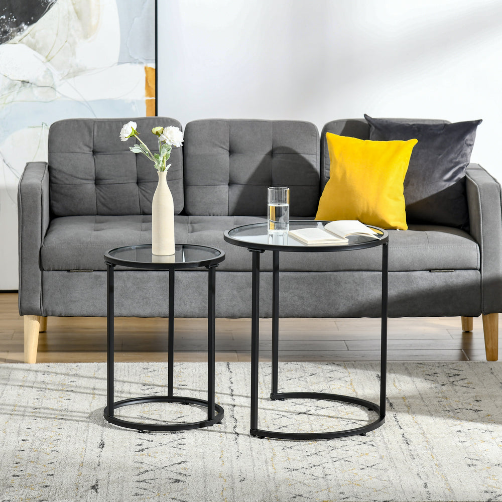 Lot de 2 tables d'appoints ronde avec plateau en verre trempé, noir