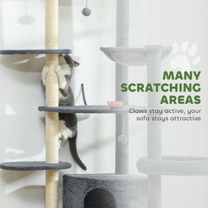 Tall cat tree with scratching posts, perches, caves, hammock and pom-poms, for 2 to 3 indoor cats, dark grey