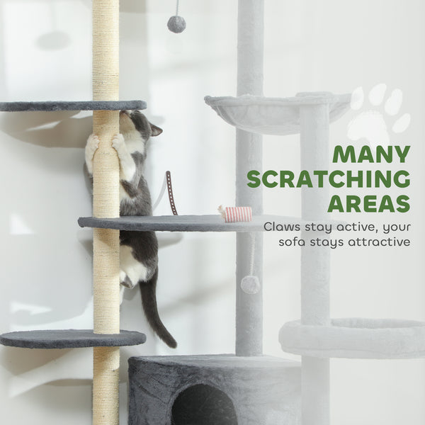 Tall cat tree with scratching posts, perches, caves, hammock and pom-poms, for 2 to 3 indoor cats, dark grey