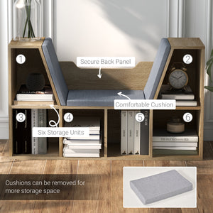 Bibliothèque à 6 compartiments avec coussin pour coin de lecture, bureau, chêne