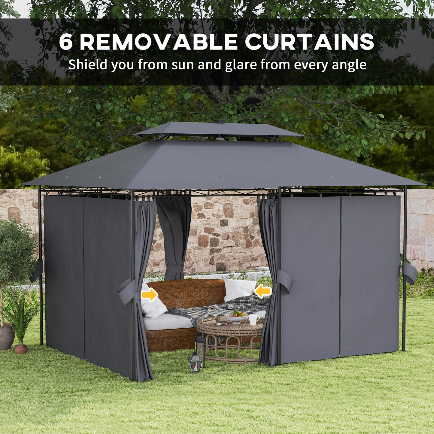 Outsunny 10' x 13' Outdoor Gazebo with Curtains and Solar Powered LED Lights, Double Roof Patio Shelter