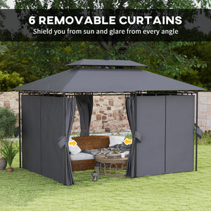 Gazebo d'extérieur 10' x 13' avec rideaux et lumières LED à énergie solaire, abri de patio à double toit