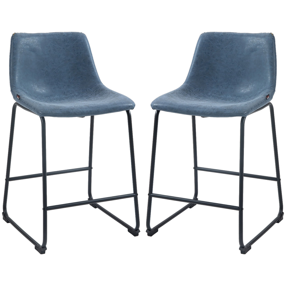 Set of 2 vintage-style faux leather bar stools, blue