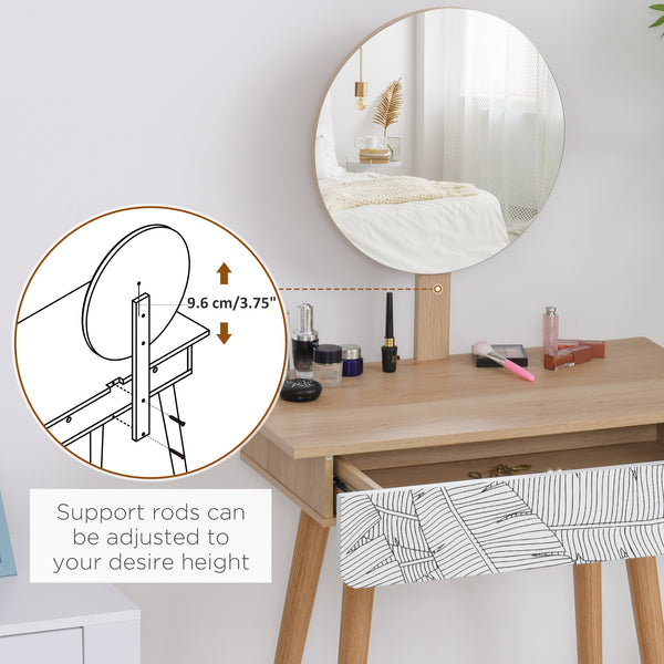 Coiffeuse avec tiroir et miroir réglable en hauteur, pieds en bois, chêne