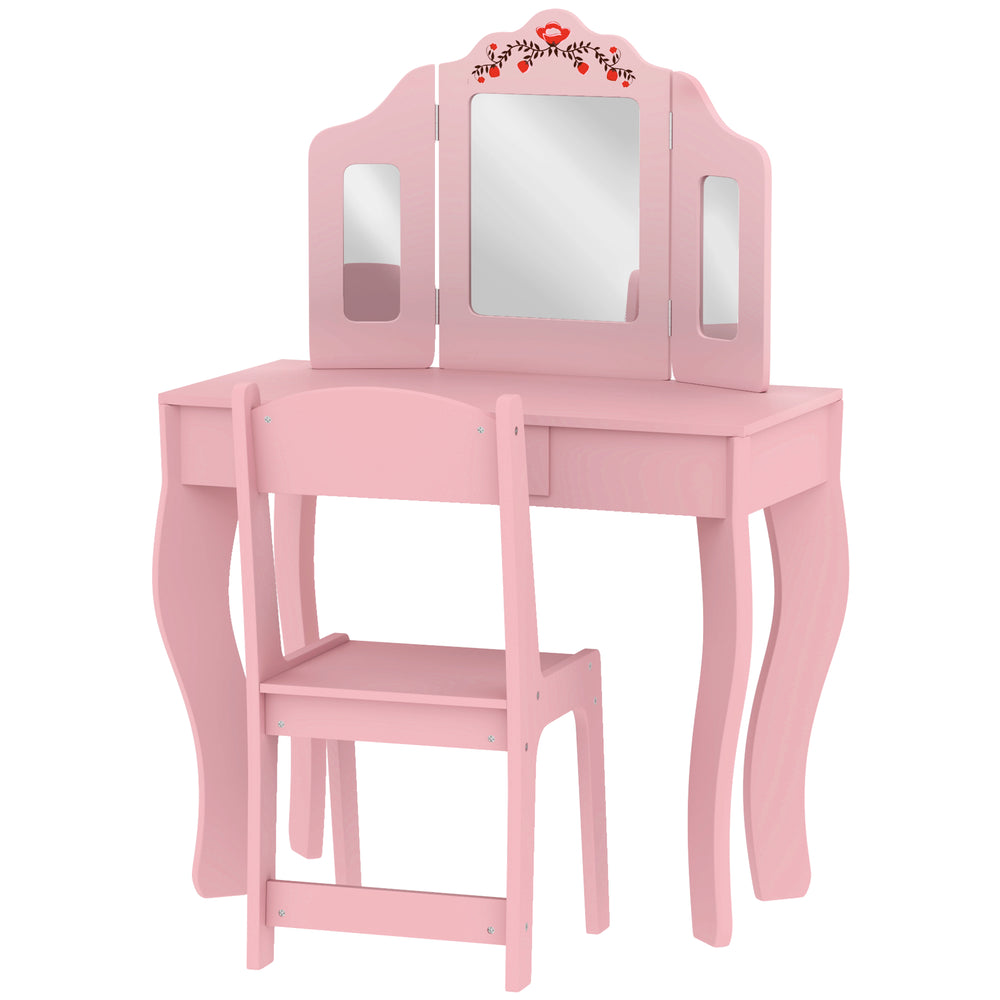 Coiffeuse avec miroir amovible à trois volets et tiroir, rose