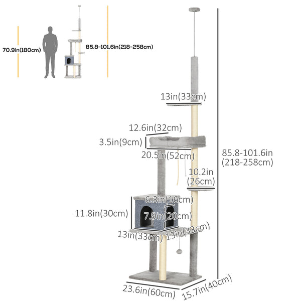 Adjustable Height Cat Tree, Cat Climbing Center with Scratching Posts, Cozy Bed, Grey