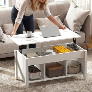 Modern lift-top coffee table with storage shelves and hidden compartment, white