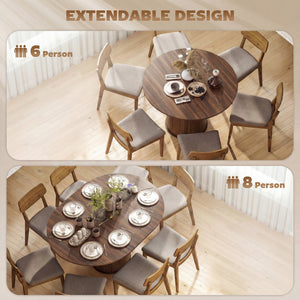 Table de cuisine extensiblepour 6 à 8 personnes style ferme, avec pied central et finition noyer.