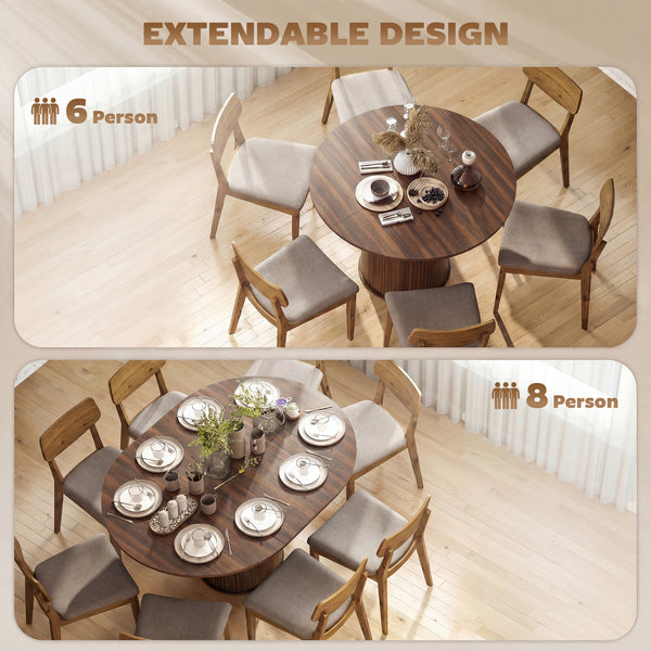 Table de cuisine extensiblepour 6 à 8 personnes style ferme, avec pied central et finition noyer.