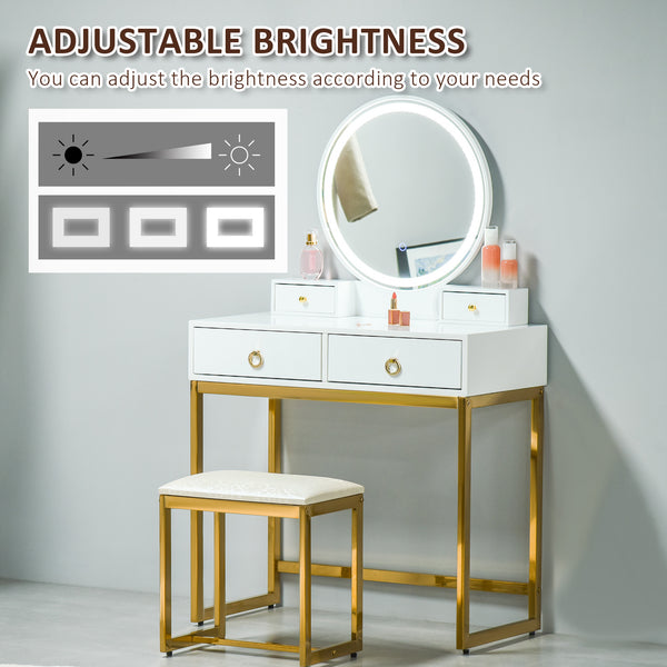 Coiffeuse avec miroir tactile 3 couleurs et éclairage à intensité variable, blanc
