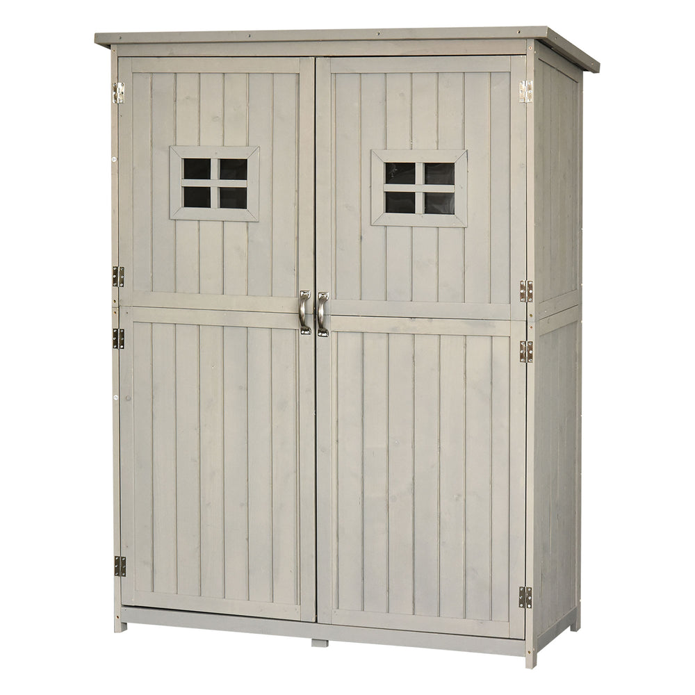 Rangement en bois avec fenêtres et double porte, gris