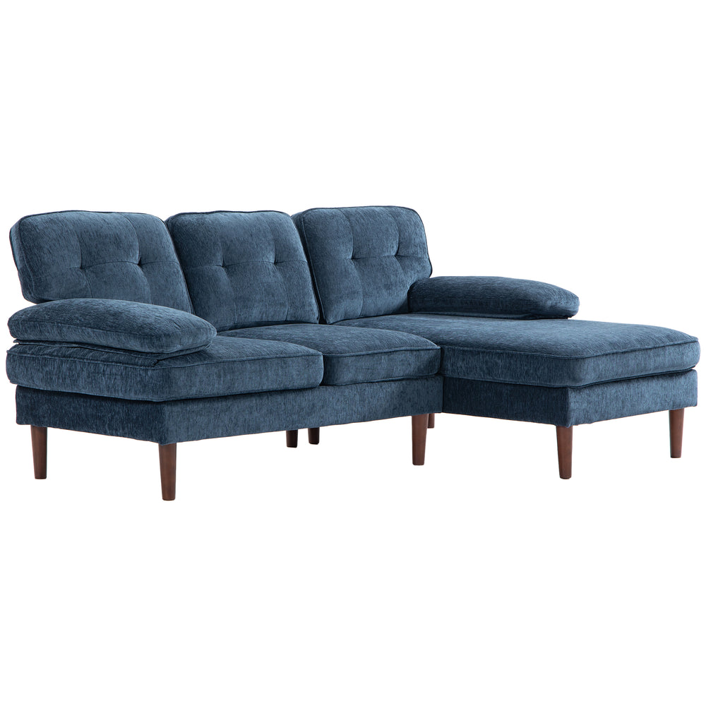 Modern corner sofa with chaise longue, 3 seater upholstered with wooden legs for living room, navy blue