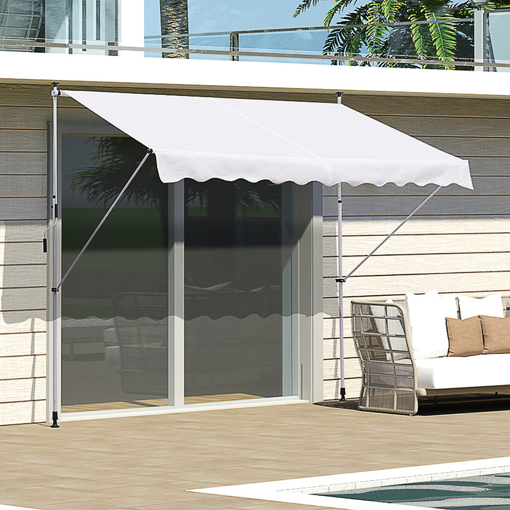 10x5ft Manual Retractable Awning, Patio Sun Shade Canopy Shelter with 5.6-9.2ft Support Pole, Water Resistant UV Protector, for Window, Door, Porch, Deck, White