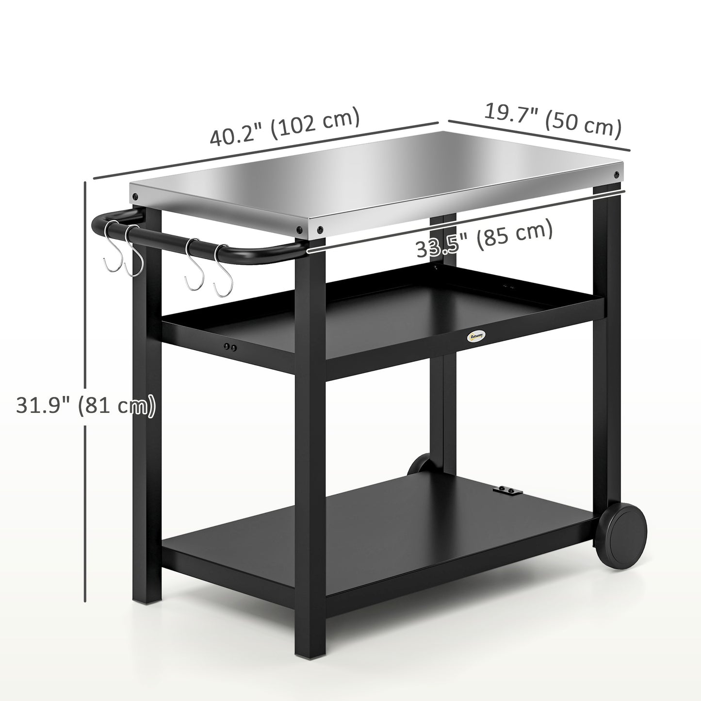 Outsunny 3-Shelf Outdoor Kitchen Cart, Pizza Oven, Stainless Steel Top, Mobile BBQ Food Prep Table, Outdoor Kitchen Island with Hooks, Casters and Handle, Charcoal Grey 