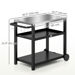 Chariot de cuisine d'extérieur à 3 étagères en acier inoxydable avec crochets, roulettes et poignée, gris anthracite