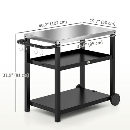 Outsunny 3-Shelf Outdoor Kitchen Cart, Pizza Oven, Stainless Steel Top, Mobile BBQ Food Prep Table, Outdoor Kitchen Island with Hooks, Casters and Handle, Charcoal Grey 