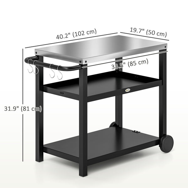 Chariot de cuisine d'extérieur à 3 étagères en acier inoxydable avec crochets, roulettes et poignée, gris anthracite