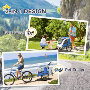 Remorque vélo 2 en 1 pour chien, fixation pour voyage avec suspension, attelage, poches de rangement, bleu