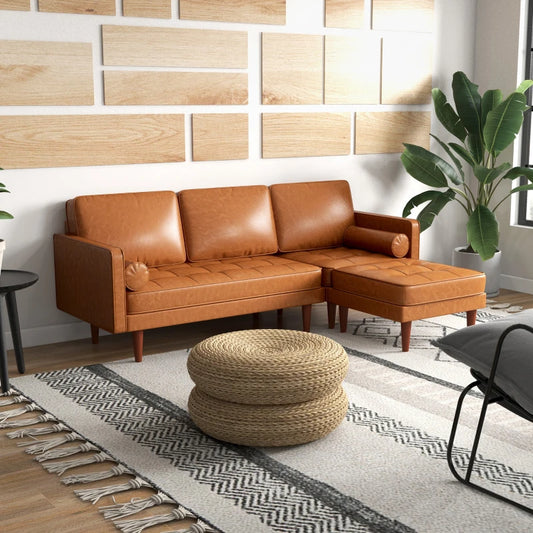 Faux Leather Sectional Sofa with Ottoman and 2 Bolster Cushions, Brown