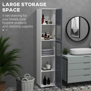 Meuble de rangement de salle de bain avec portes en verre mat et étagères à 5 niveaux, blanc et gris