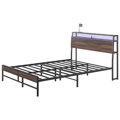 Cadre de lit Queen Size avec éclairage LED et station de charge, noyer