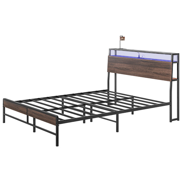 Cadre de lit Queen Size avec éclairage LED et station de charge, noyer