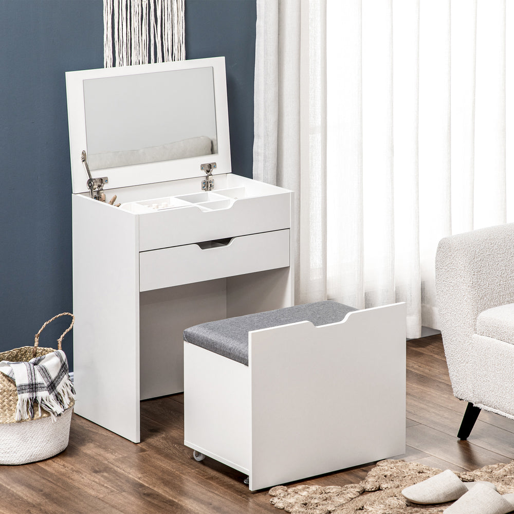 Ensemble coiffeuse avec miroir rabattable, tabouret et 7 compartiments, blanc