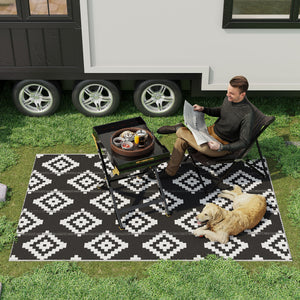 Tapis d'extérieur réversible pour patio, tapis en paille plastique 6' x 9' pour jardin, terrasse, plage, camping, noir et blanc