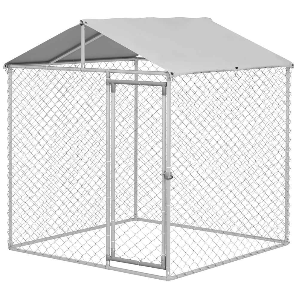 PawHut 6.6' x 6.6' x 7.8' Walk in Outdoor Dog Kennel Heavy Duty Galvanized Steel Chain Link with UV-resistant Roof, Silver |