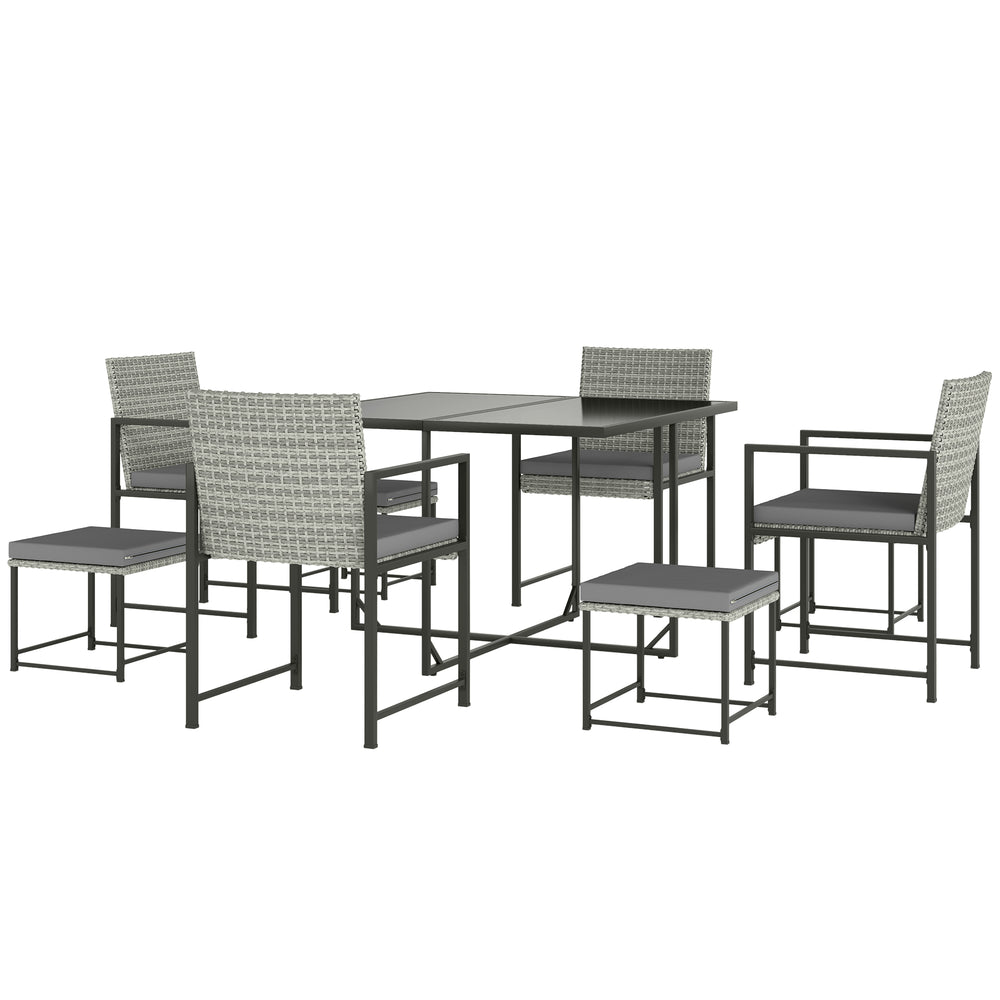 Ensemble de salle à manger de patio 9 pièces en osier avec 4 fauteuils, 4 tabourets, plateau en verre trempé, coussins amovibles, gris clair
