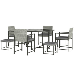 Ensemble de salle à manger de patio 9 pièces en osier avec 4 fauteuils, 4 tabourets, plateau en verre trempé, coussins amovibles, gris clair
