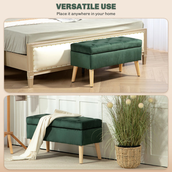 Pouf de rangement avec couvercle rembourré en velours et pieds en bois, vert foncé
