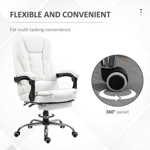 Fauteuil de bureau à dossier haut en cuir synthétique avec repose-pieds rétractable et accoudoirs rembourrés, blanche
