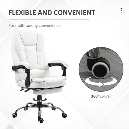 High-back office chair in faux leather with retractable footrest and padded armrests, white