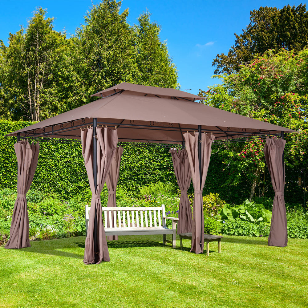 10' x 13' Patio Gazebo, Outdoor 2-Tiers Garden Canopy Yard Sunshade Shelter with Curtains, Khaki