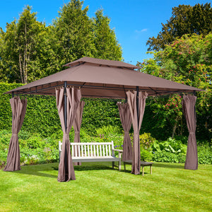 10' x 13' Patio Gazebo, Outdoor 2-Tiers Garden Canopy Yard Sunshade Shelter with Curtains, Khaki