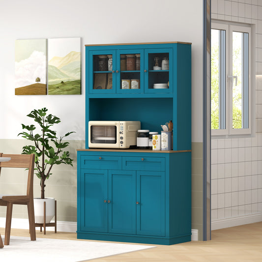 HOMCOM 71" Storage Cabinet with Microwave Space, Sideboard with Hutch, 2 Drawers, Adjustable Shelves and Glass Doors, Navy Blue