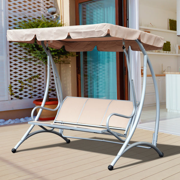 3 Seat Metal Swing Chair Hammock w/ Canopy Cover Heavy Duty Patio Garden Outdoor Beige