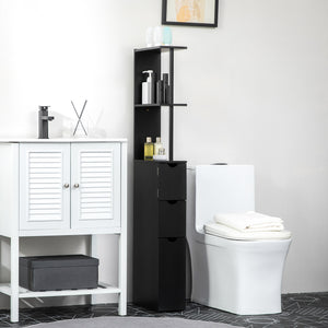 Narrow bathroom storage cabinet with drawers and open shelves for small spaces, black