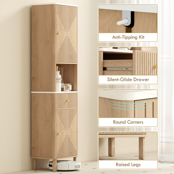 Armoire haute de salle de bain effet chêne avec 2 armoires, tiroir et tablette ouverte, Effet chêne