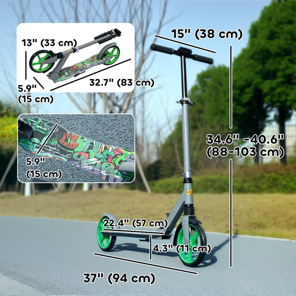 Scooter for children from 6 to 12 years old, adjustable height, rear brake, large 200 mm wheel, foldable, green