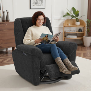 Fauteuil inclinable électrique, revêtement en tissu, ports USB, fonction pivotante et à bascule, repose-pieds, noir