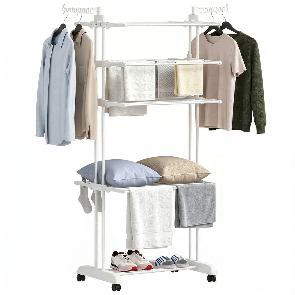 Séchoir à linge pliable à 5 niveaux sur roulettes, blanc