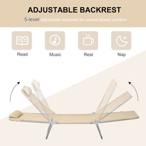 Folding Outdoor Lounge Chair Set of 2, Reclining Tanning Chair with 5-Position Adjustable Backrest, Brown