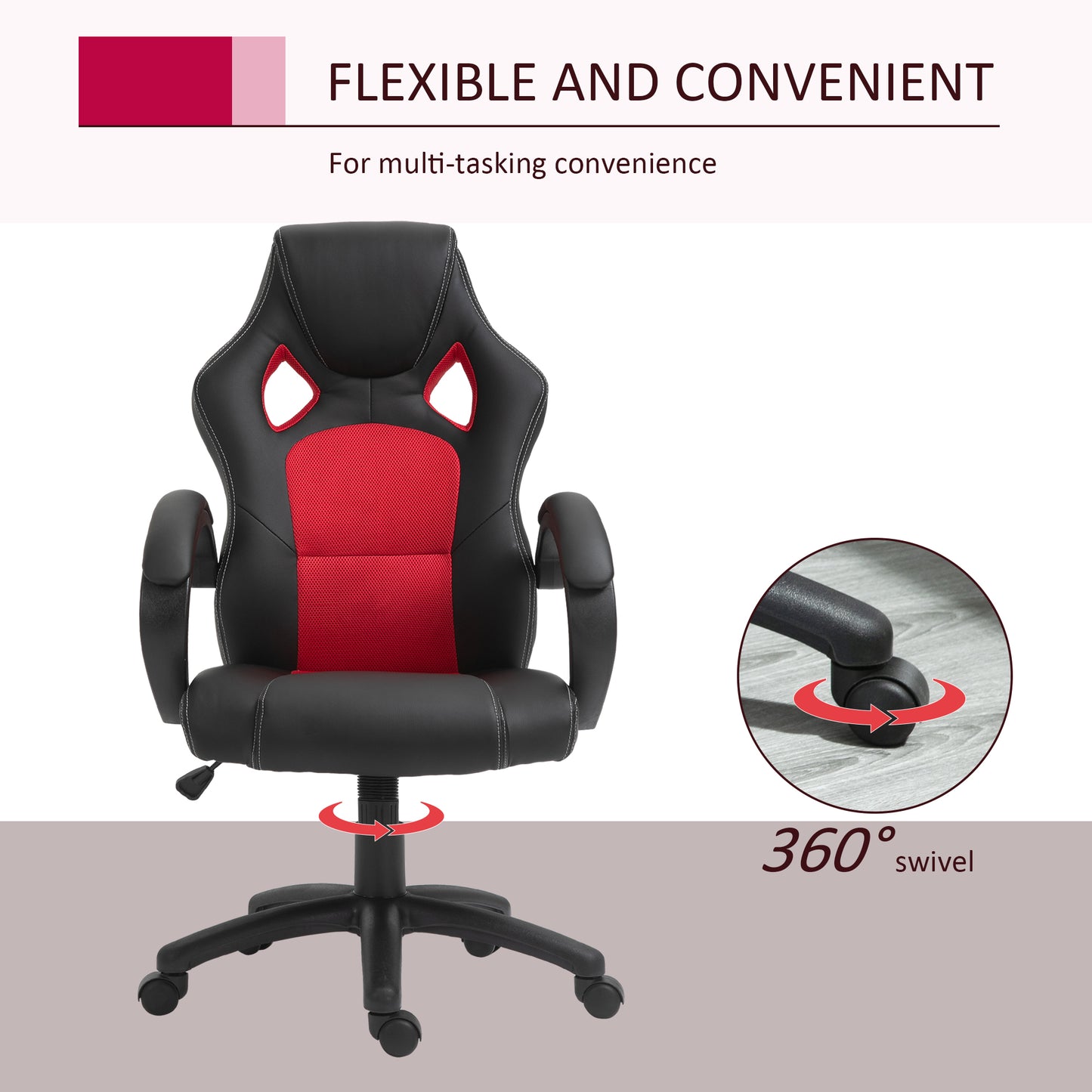 Gaming office chair with swivel casters, padded headrest and reclining function, red